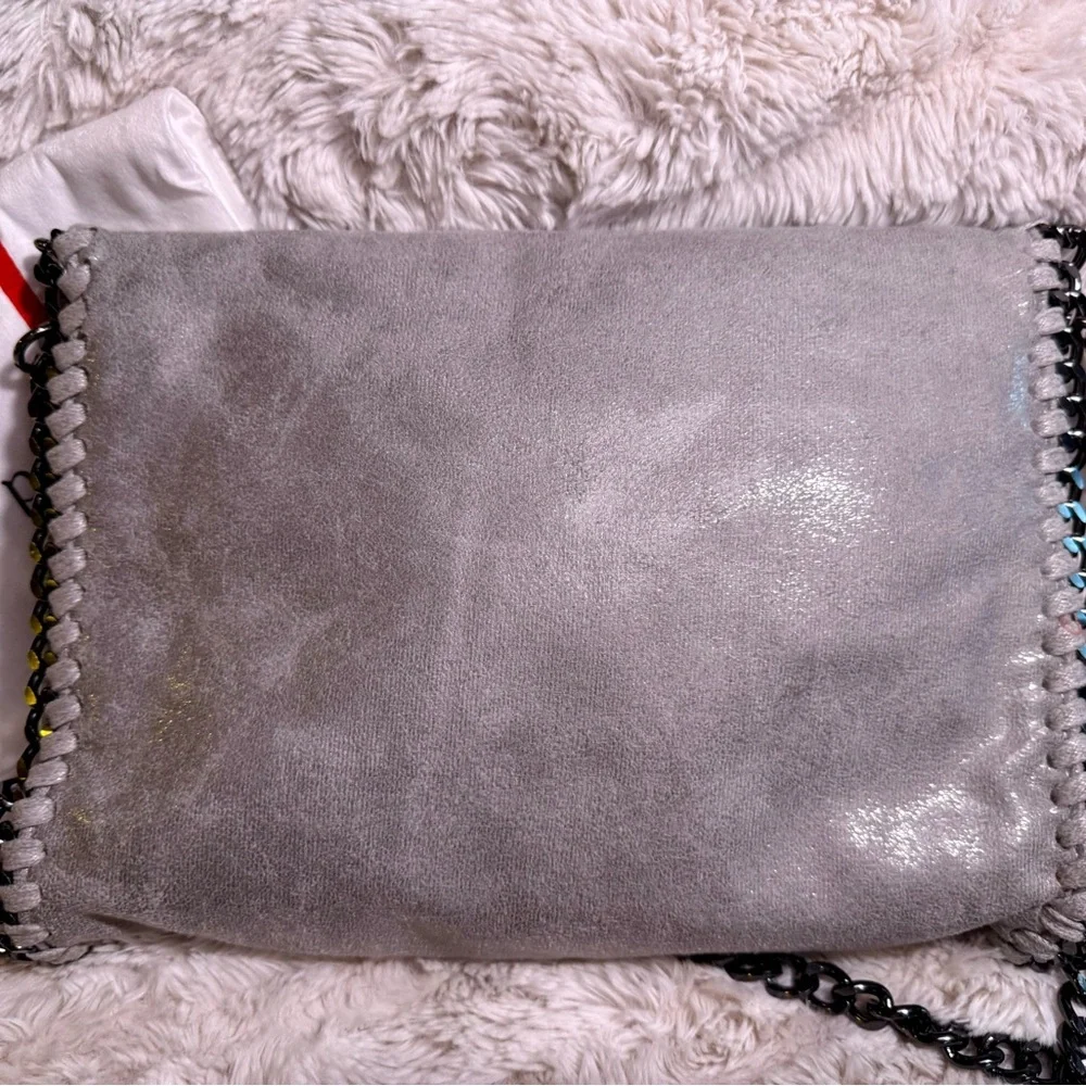 Mersi Metallic Silver Vegan Leather Foldover Chain Crossbody Clutch NWT